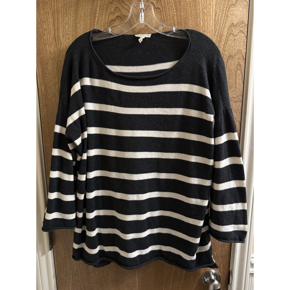 Eileen Fisher Sweater Organic Cotton Dark Gray Ivory Stripe Oversized Sz M Cozy